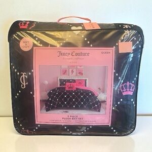 Juicy Couture Plush Black & Pink JC Crown Logo Bed Comforter Set QUEEN 5 Piece